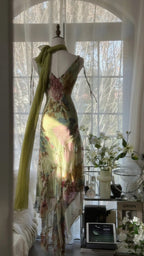 Vintage Green Oil Painting Chiffon Print Irregular Skirt Prom Dress