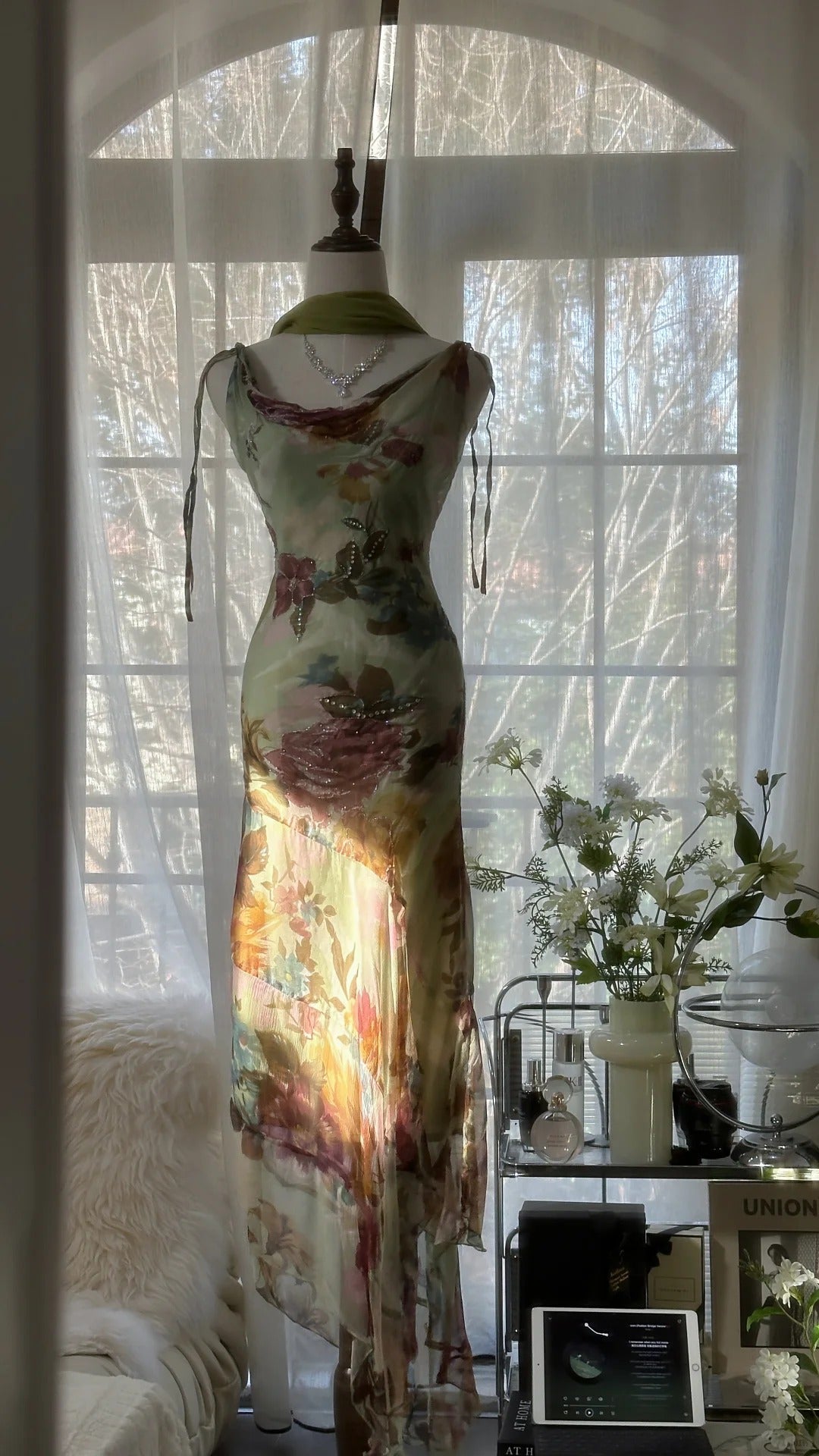 Vintage Green Oil Painting Chiffon Print Irregular Skirt Prom Dress