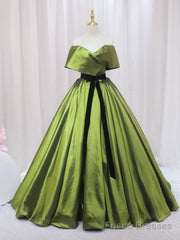 Vintage Green Satin Off the Shoulder Prom Dress