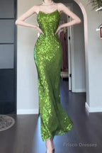 Vintage Green Sheath Spaghetti Strap Sequined Prom Dress Birthday Dress