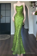 Vintage Green Sheath Spaghetti Strap Sequined Prom Dress Birthday Dress