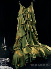 Vintage Green Tiered Flounce Long Prom Dress Party Evening Gown