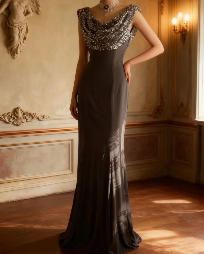 Vintage Black Mermaid Sequin Satin Long Prom Dress Evening Dress