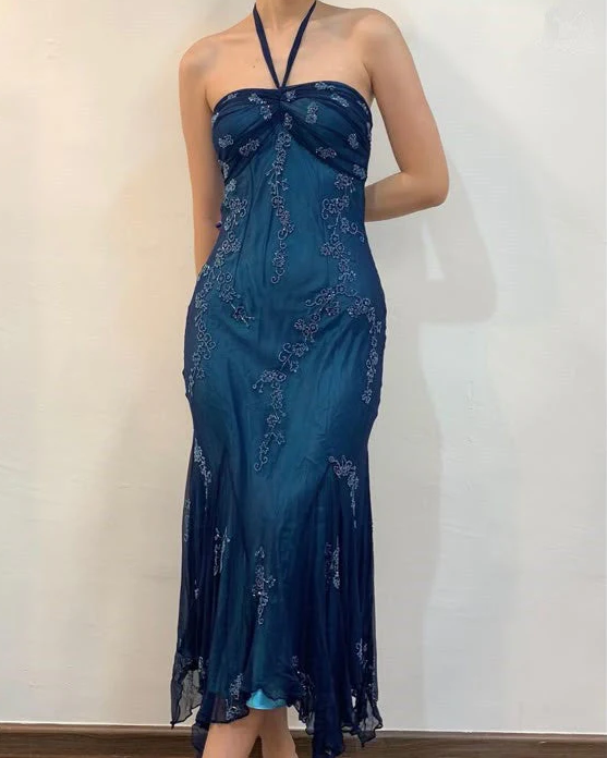 Vintage Halter Mermaid Long Prom Dresses Chiffon Beaded Dark Green Lon –  Frisco Dresses