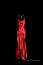 Vintage High Low Halter Satin Red Formal Prom Gown Fairy Long Formal Prom Dress