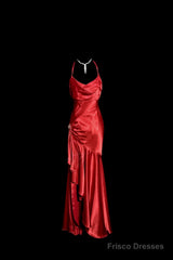 Vintage High Low Halter Satin Red Prom Gown Fairy Long Prom Dresses
