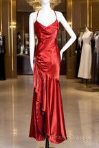 Vintage High Low Halter Satin Red Formal Prom Gown Fairy Long Formal Prom Dress
