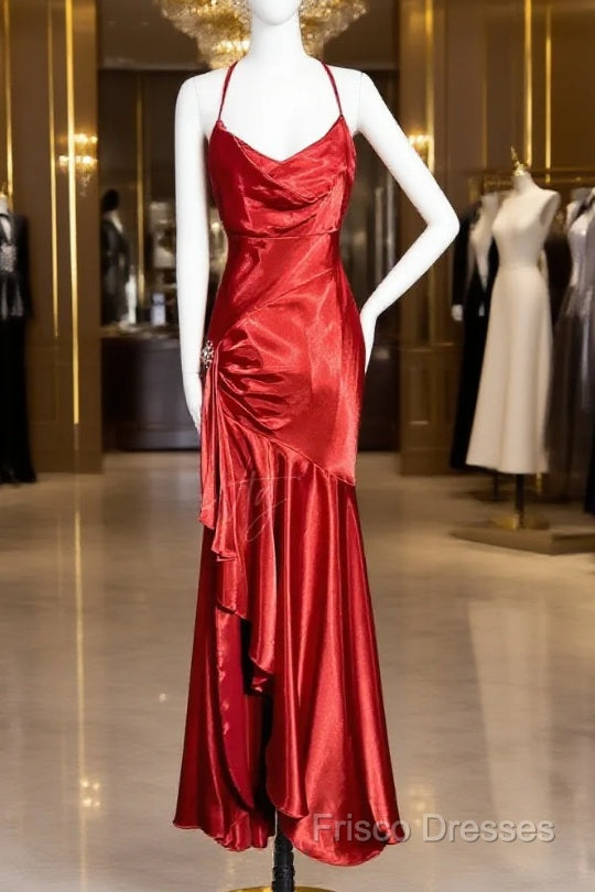 Vintage High Low Halter Satin Red Formal Prom Gown Fairy Long Formal Prom Dress