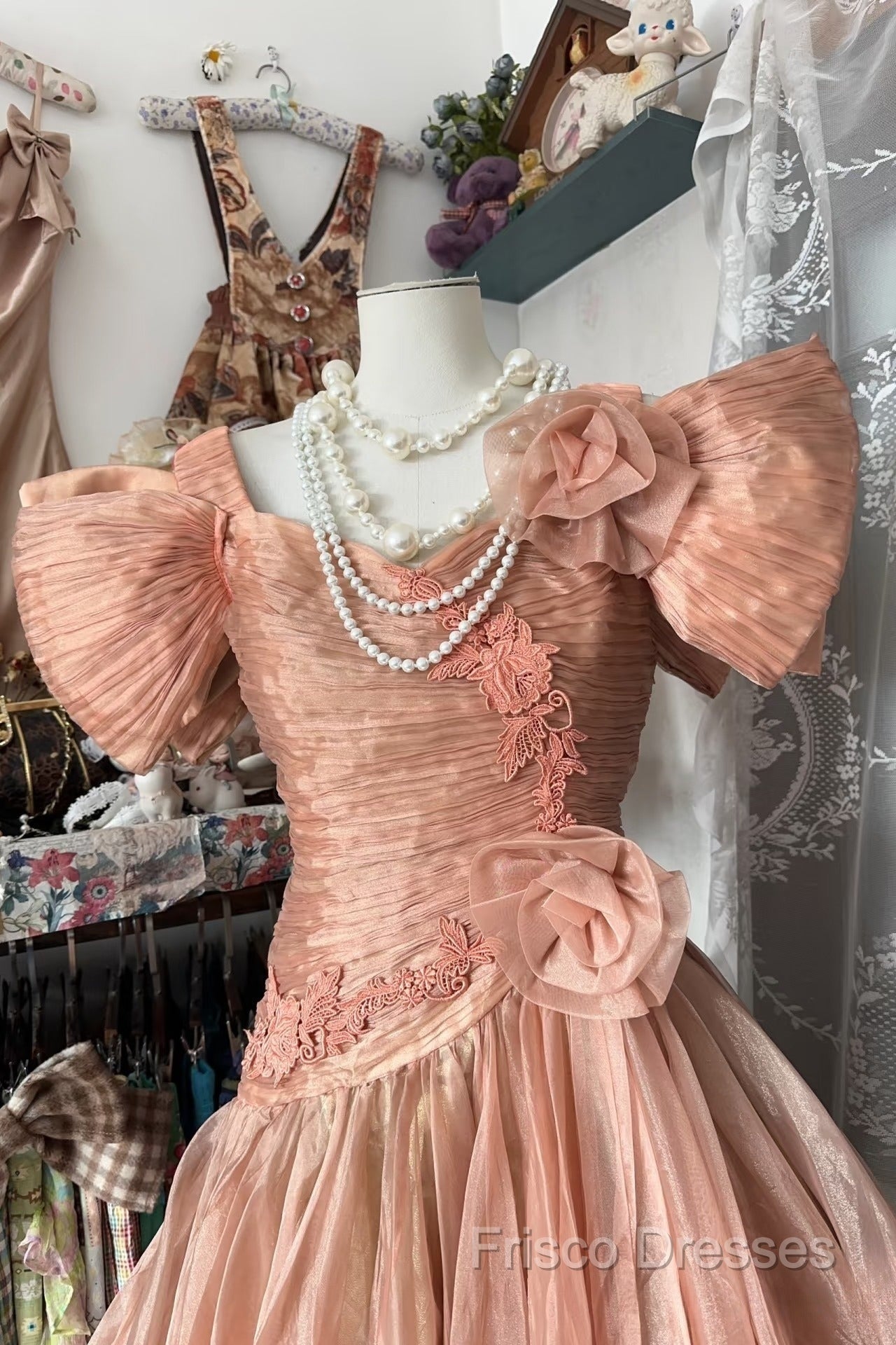 Vintage High Low Short Sleeves Flowers Formal Dress Formal Prom Dress Secondary image