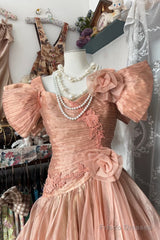 Vintage High Low Short Sleeves Flowers Evening Dress Prom Dresses