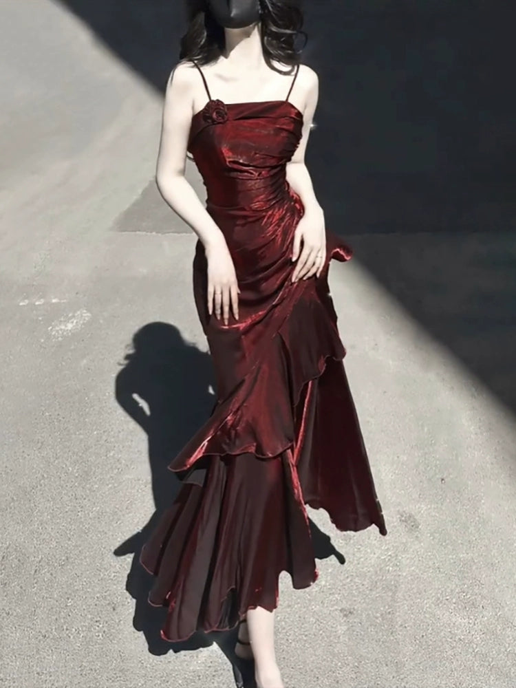 Vintage High Low Spaghetti Straps Burgundy Long Party Dresses Birthday Outfits Secondary image
