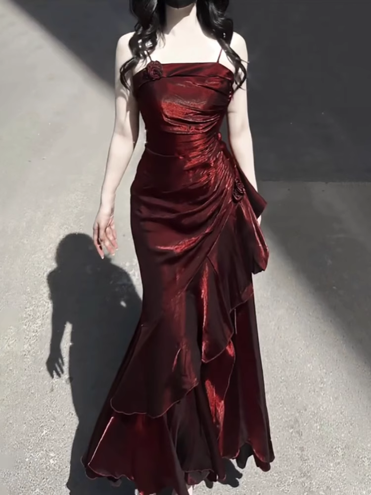 Vintage High Low Spaghetti Straps Burgundy Long Party Dresses Birthday Outfits Main image