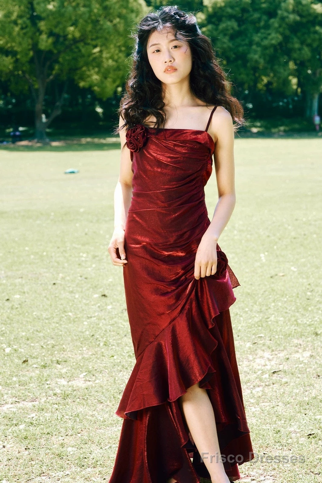 Vintage High Low Spaghetti Straps Ruffles Burgundy Prom Dresses Birthday Outfits Secondary image