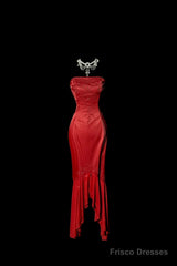 Vintage High Low Strapless Red Long Prom Gown Fairy Prom Dresses