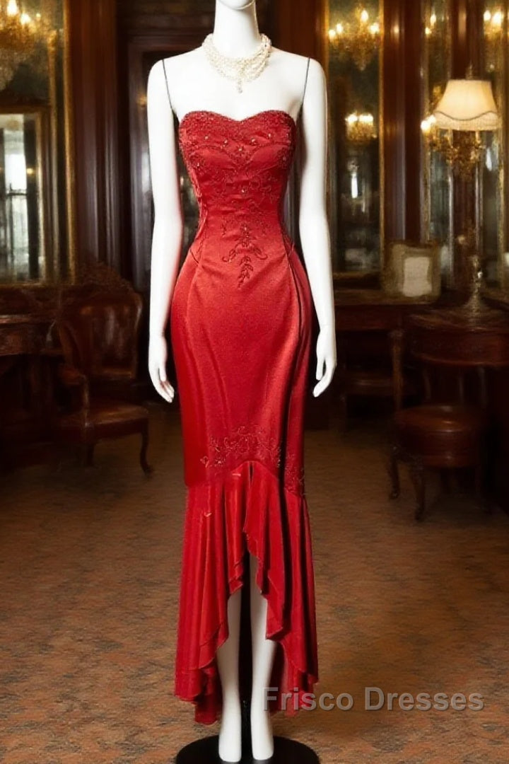 Vintage High Low Strapless Red Long Formal Prom Gown Fairy Formal Prom Dress