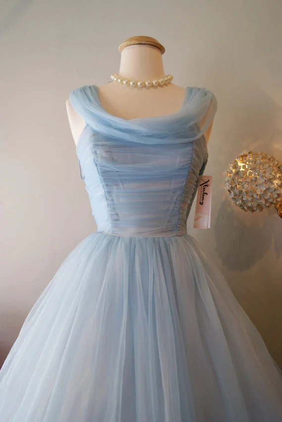 Blue Vintage Fashion Long Tulle Elegant Homecoming Dress Prom Dress Evening Dress Party Dress Bridesmaid Dress Secondary image