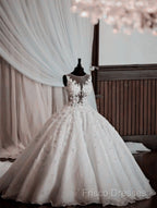 Vintage Illusion Neckline Lace Wedding Dress Ball Gowns