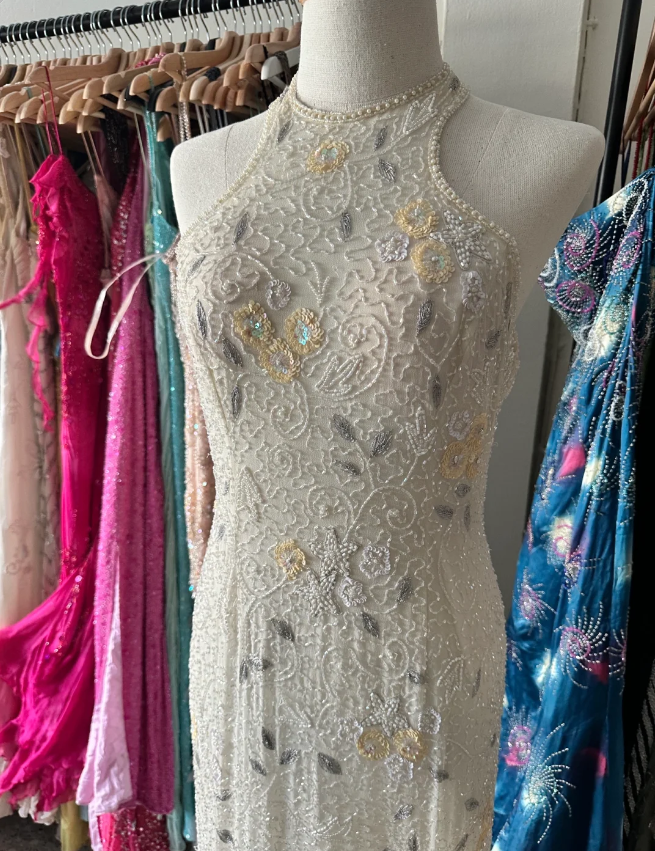 Vintage Ivory Mermaid High-Neck Beaded Floral Mesh Long Prom Dress Evening Dress Secondary image