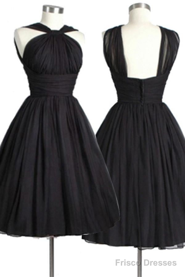 Vintage Knee-Length Sleeveless Open Back Black Homecoming Dress Ruched Secondary image