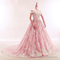 Vintage Lace Appliques Off Shoulder Pink Lace Wedding Dress Ball Gowns