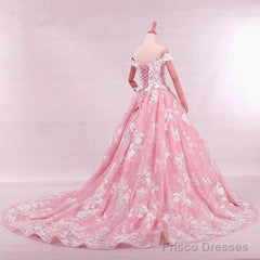 Vintage Lace Appliques Off Shoulder Pink Lace Wedding Dress Ball Gowns