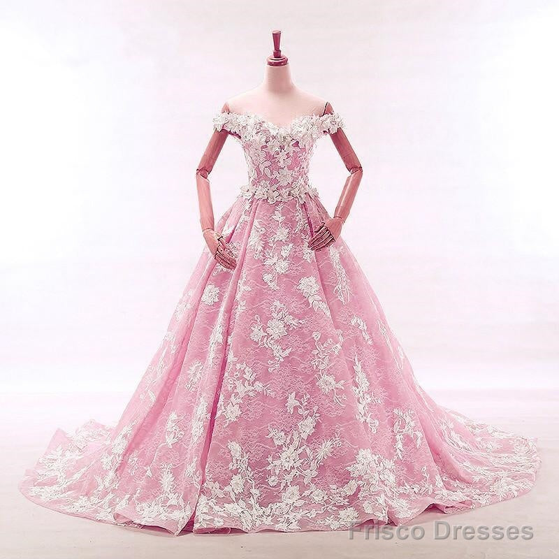 Vintage Lace Appliques Off Shoulder Pink Lace Wedding Dress Ball Gowns Main image