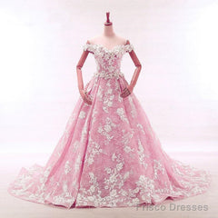 Vintage Lace Appliques Off Shoulder Pink Lace Wedding Dress Ball Gowns