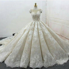 Vintage Lace Cap Sleeves Ball Gowns Wedding Dress