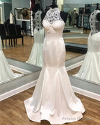 Vintage Lace Halter Satin Mermaid Fitting Wedding Dresses