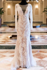 Vintage Lace Long Sleeve See Through Back Nude Mermaid Wedding Dresses,