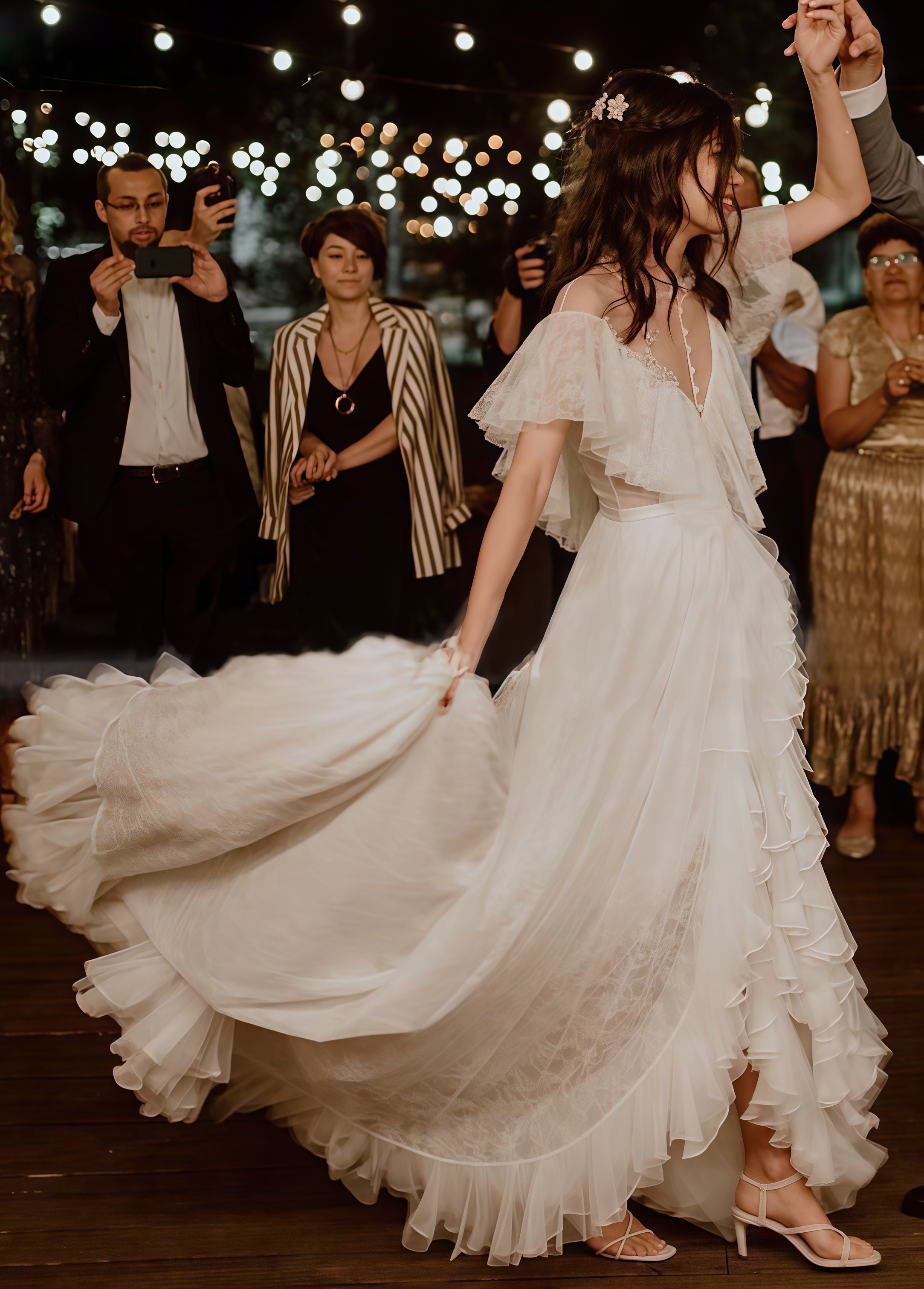 Vintage Lace Ruffle Party Dress, White Wedding Dresses With Slit Secondary image