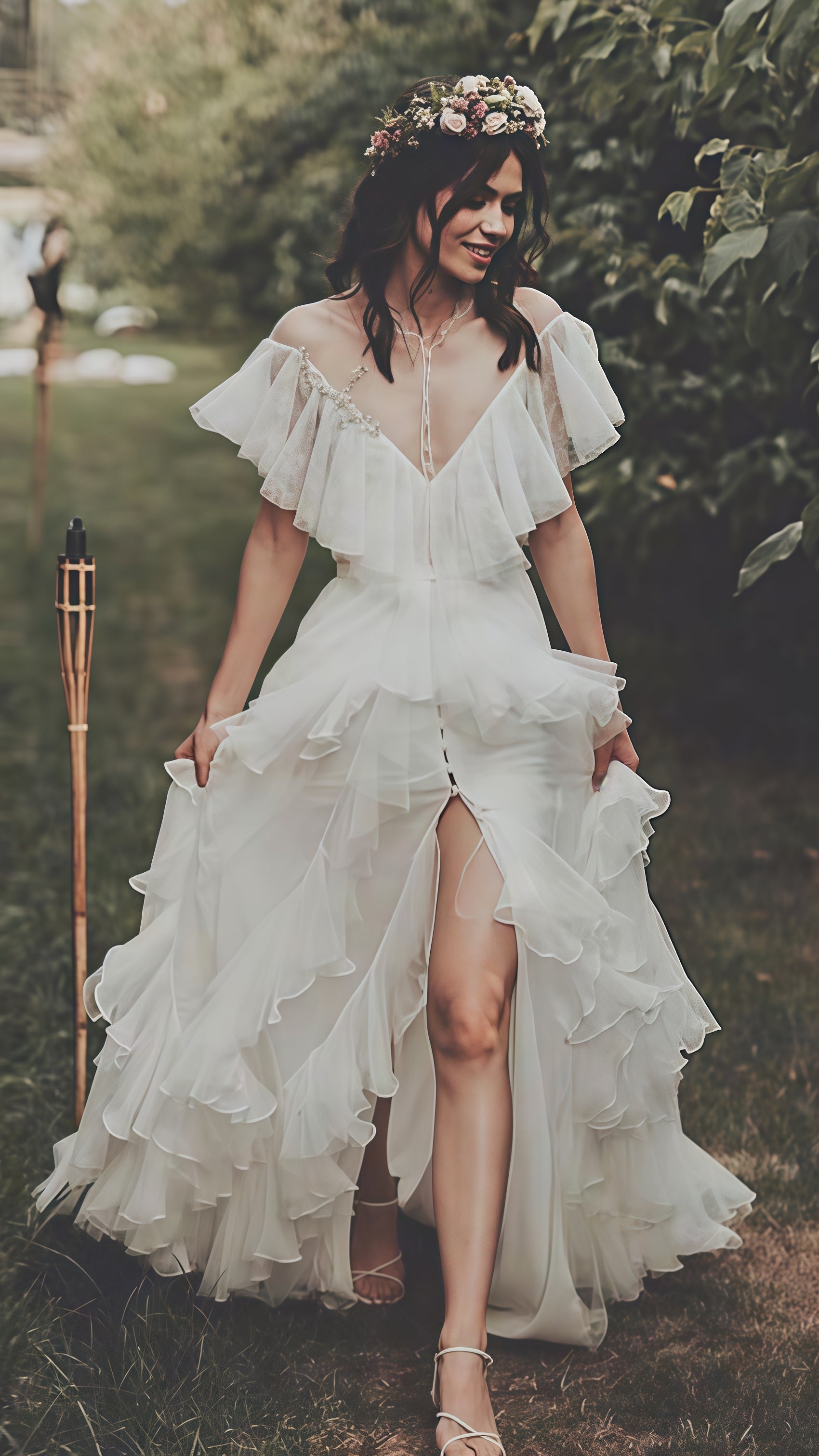 Vintage Lace Ruffle Party Dress, White Wedding Dresses With Slit Main image