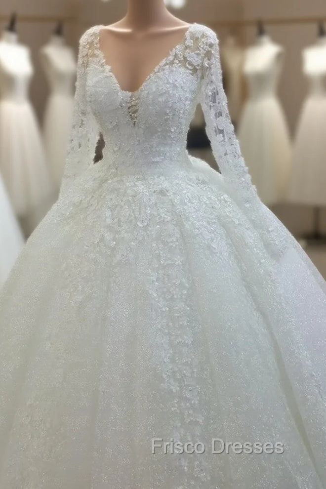 Vintage Lace Wedding Dress V Neck Long Sleeves With Flowers Main image