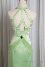 Vintage Light Green Mermaid Halter Satin Beaded Long Formal Prom Dress