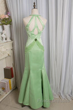 Vintage Light Green Mermaid Halter Satin Beaded Long Formal Prom Dress