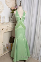 Vintage Light Green Mermaid Halter Satin Beaded Long Formal Prom Dress