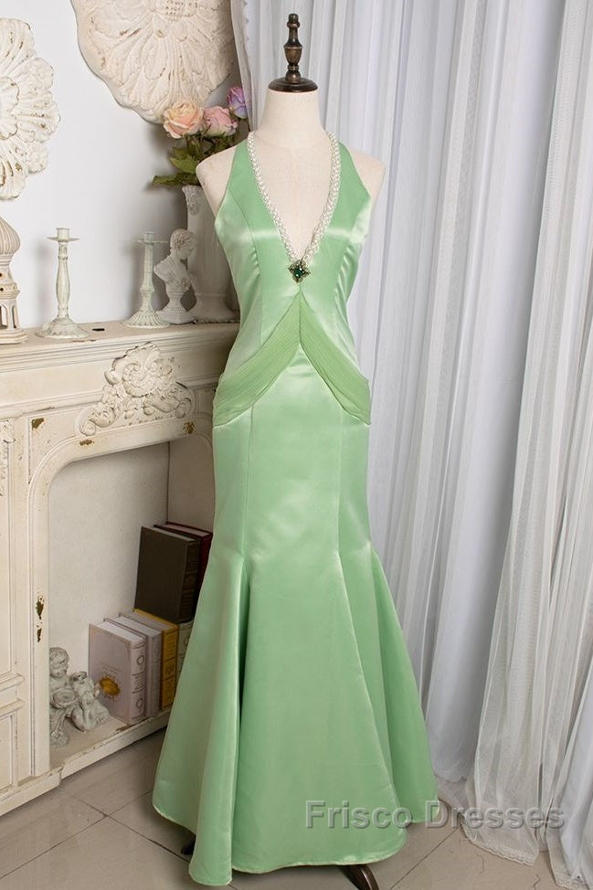 Vintage Light Green Mermaid Halter Satin Beaded Long Formal Prom Dress