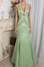 Vintage Light Green Mermaid Halter Satin Beaded Long Formal Prom Dress