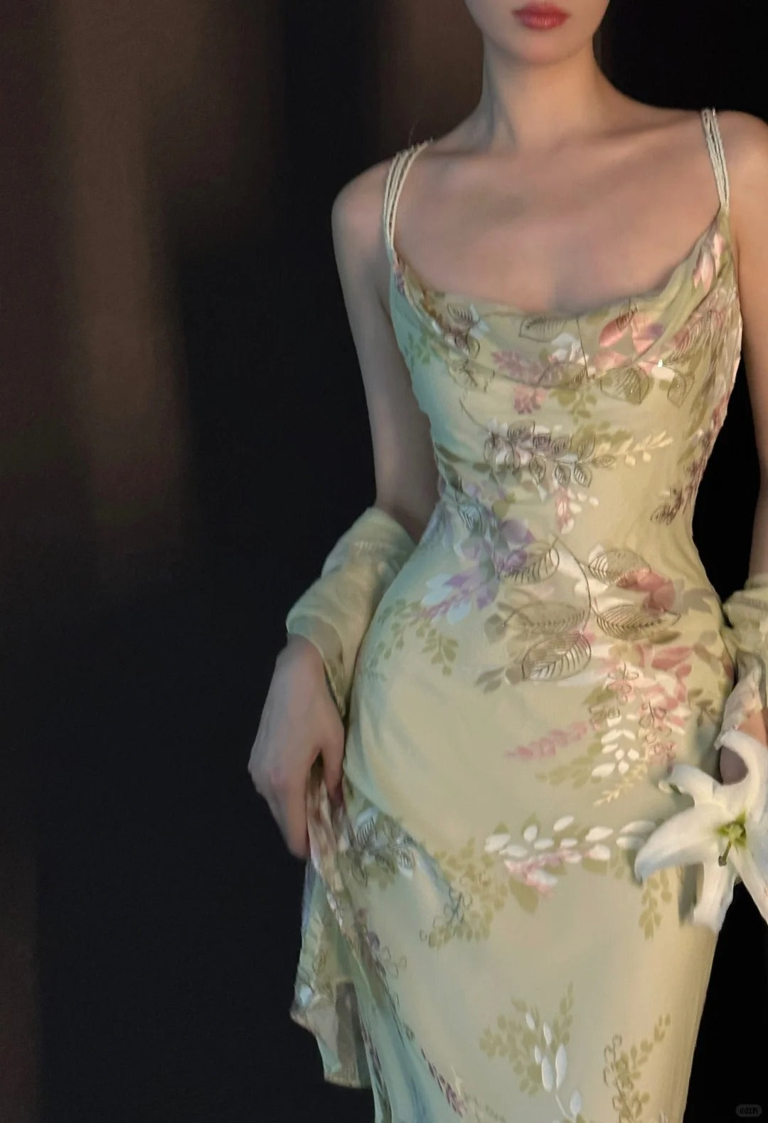 Vintage Light Green Printed Mermaid Strap Chiffon Long Prom Dress Evening Dress Secondary image