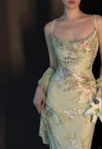 Vintage Light Green Printed Mermaid Strap Chiffon Long Prom Dress Evening Dress
