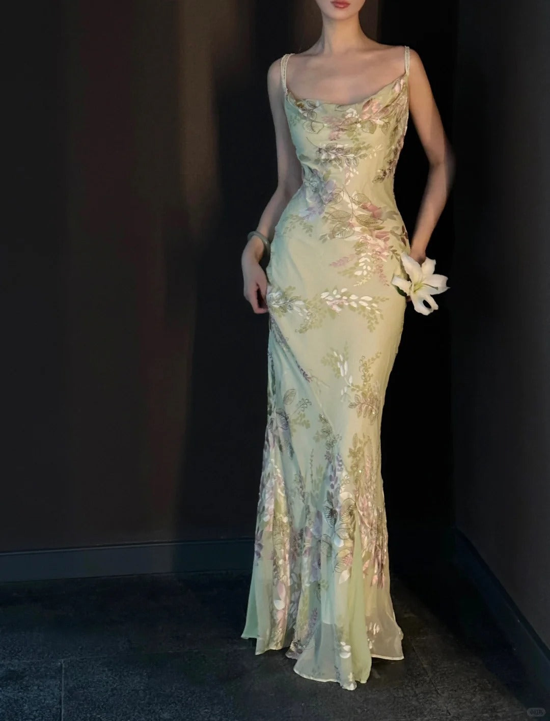 Vintage Light Green Printed Mermaid Strap Chiffon Long Prom Dress Evening Dress Main image