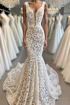 Vintage Long Mermaid V-neck Lace Backless Wedding Dress