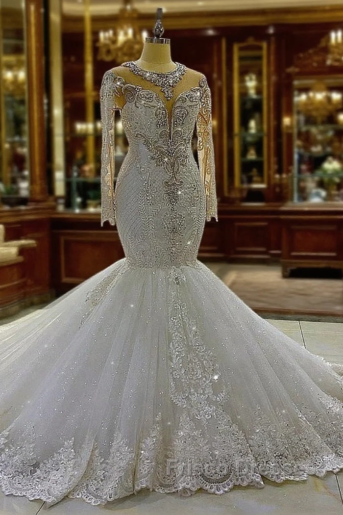 Vintage Long Sleeve Appliques Lace Beading Sequins Mermaid Wedding Dress