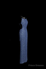 Vintage Mermaid Boat Neck Blue Sequin Backless Prom Gown Fairy Prom Dresses