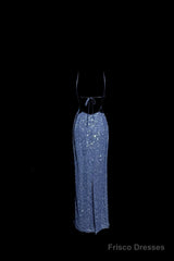 Vintage Mermaid Boat Neck Blue Sequin Backless Prom Gown Fairy Prom Dresses