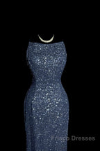 Vintage Mermaid Boat Neck Blue Sequin Backless Formal Prom Gown Fairy Formal Prom Dress