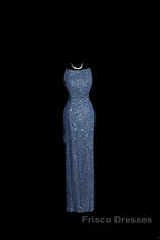Vintage Mermaid Boat Neck Blue Sequin Backless Formal Prom Gown Fairy Formal Prom Dress