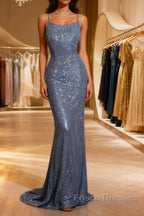 Vintage Mermaid Boat Neck Blue Sequin Backless Formal Prom Gown Fairy Formal Prom Dress