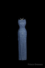 Vintage Mermaid Boat Neck Blue Sequin Backless Prom Gown Fairy Prom Dresses