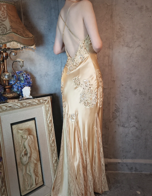 Vintage Mermaid Champagne Gold Sequined Lace Satin Long Prom Dress Evening Dress